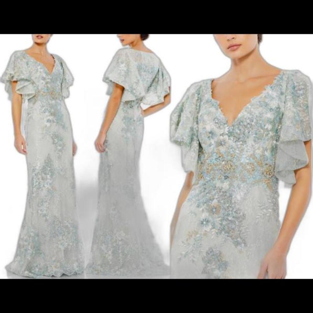 (4) NWT $698 Mac Duggal  Flutter Floral Embellished Gown